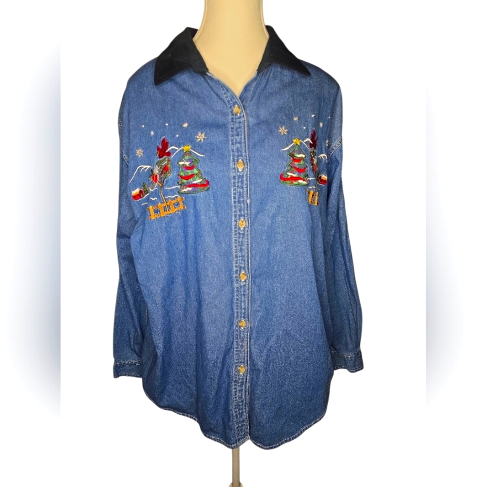 Vintage Basic Editions Holidays Denim Christmas Embroidered Button Down Top XL
